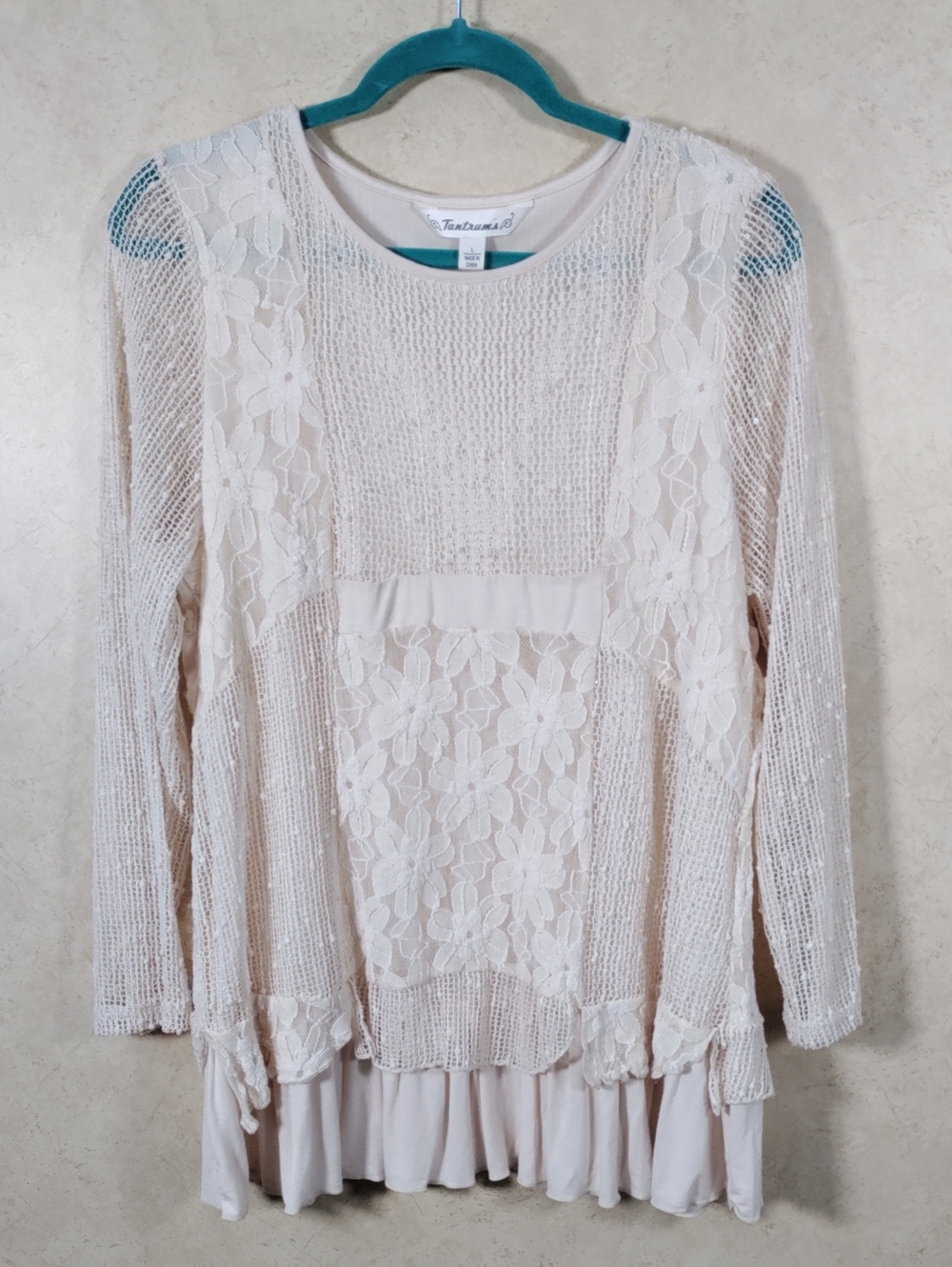 J097 Tantrums Cream Lace & Knit Layered Long Sleeve Top L
